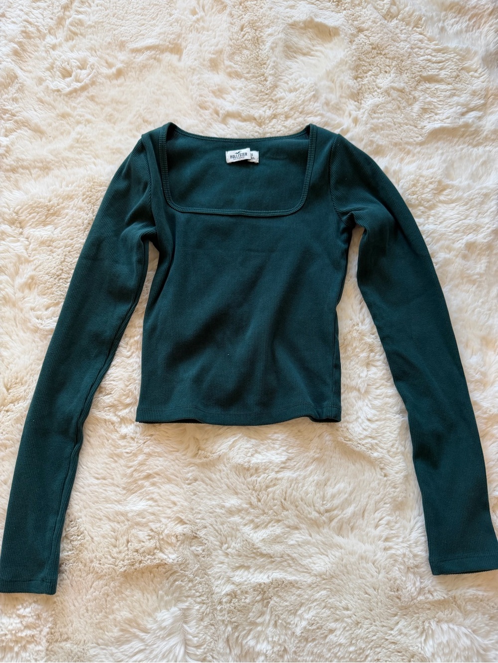 Hollister Deep Green Square Neck Ribbed Long Sleeve Top
